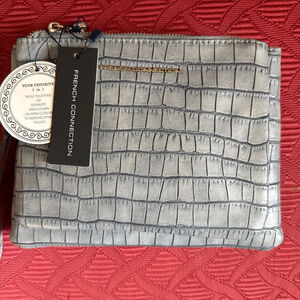 French Connection Denim Croco Double Slim Pouches Wristlet with Silver Hardware
